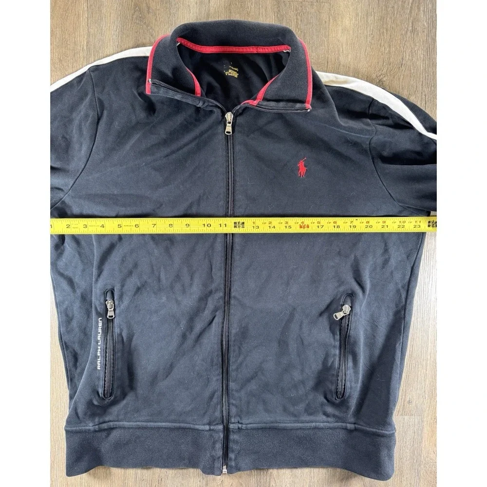 Polo Ralph Lauren Track Jacket Mens‎ Large Black Red White Full Zip 100% Cotton
